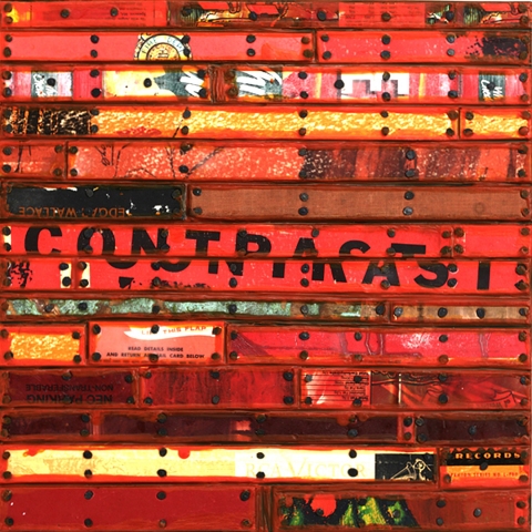 Red Letter Day Paintings: Running Stitch Series Painted paper and cardboard, book parts, record album parts, patinated metal, tacks, encaustic on birch panel