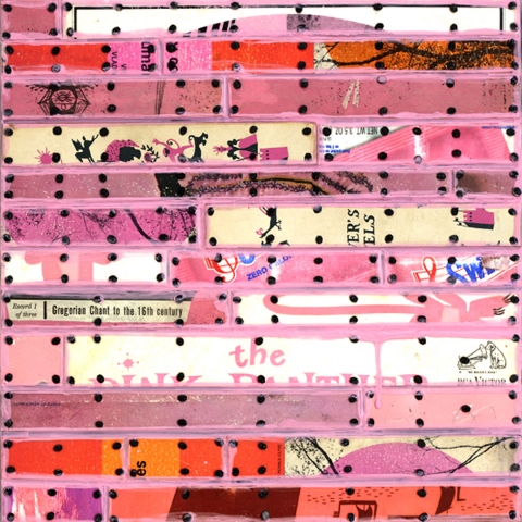 Pink Panther Paintings: Running Stitch Series Painted paper and cardboard, book parts, record album parts, patinated metal, tacks, encaustic on birch panel