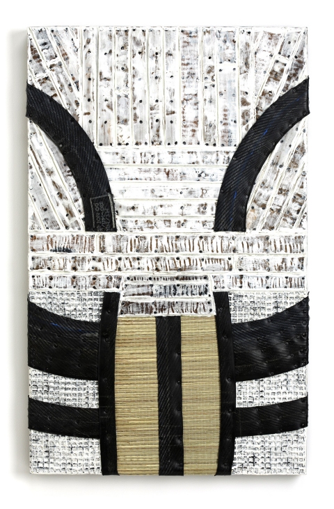 Ambit Constructions Cardboard, rubber, found mat, found netting, tacks, encaustic on panel