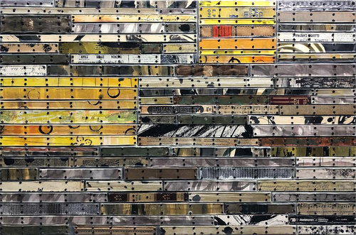 Believing Destiny Paintings: Running Stitch Series Found and invented elements with tacks and encaustic on birch panel.
