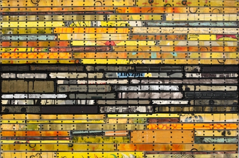 Spoken Covenant Paintings: Running Stitch Series Found and invented elements with tacks and encaustic on birch panel.