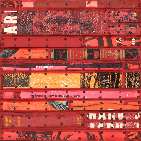 Coleman Hawkins Paintings: Running Stitch Series Painted paper and cardboard, book parts, record album parts, patinated metal, tacks, encaustic on birch panel