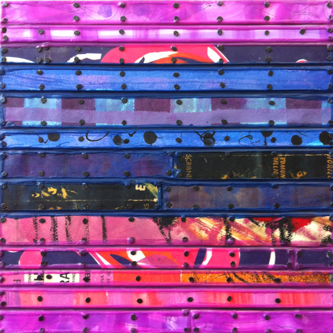 Purple Haze Paintings: Running Stitch Series Painted paper and cardboard, book parts, record album parts, patinated metal, tacks, encaustic on birch panel
