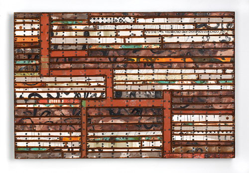 Architecture Paintings: Running Stitch Series Found and invented elements with tacks and encaustic on birch panel.