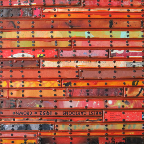 Best Cartoons Paintings: Running Stitch Series Found and invented elements with tacks and encaustic on birch panel.