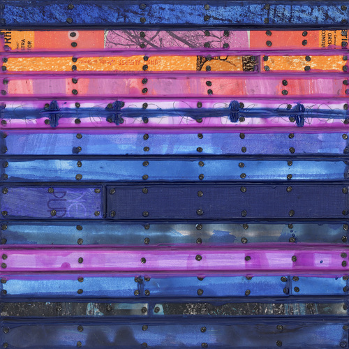Blurred Lines Paintings: Running Stitch Series Found and invented elements with tacks and encaustic on birch panel.
