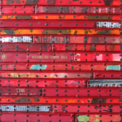 The Wall Between Paintings: Running Stitch Series Found and invented elements with tacks and encaustic on birch panel.
