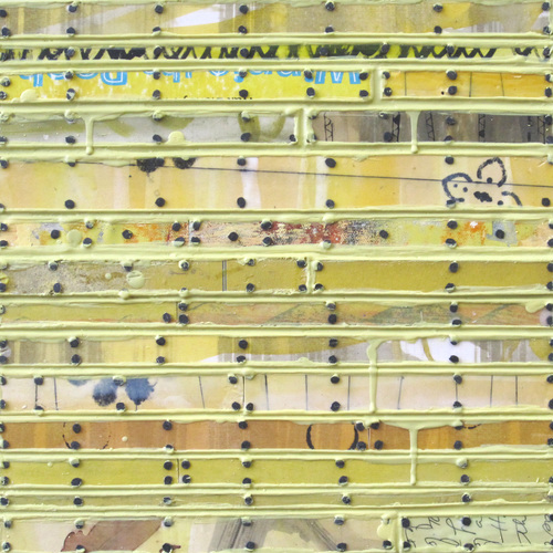 Winnie the Pale Paintings: Running Stitch Series Found and invented elements with tacks and encaustic on birch panel.