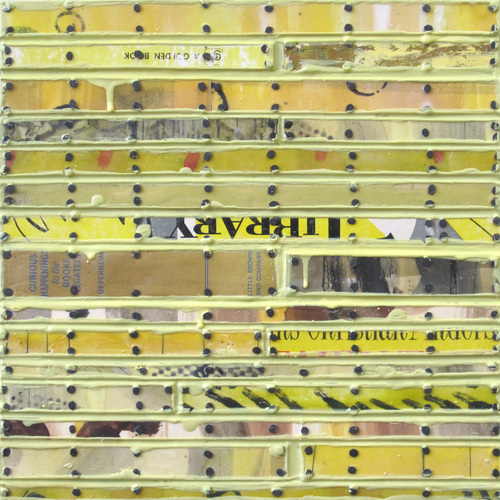 Golden Library Paintings: Running Stitch Series Found and invented elements with tacks and encaustic on birch panel.