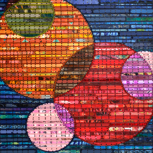 Globalization Paintings: Running Stitch Series Found and invented elements with tacks and encaustic on birch panel.