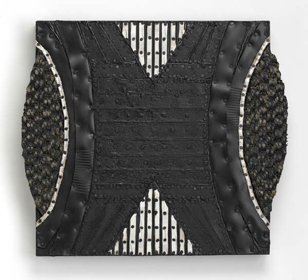 Black Armor/Undies Paintings: Dimensional Tarpaper, rubber, cardboard, carpet with tacks and encaustic on panel