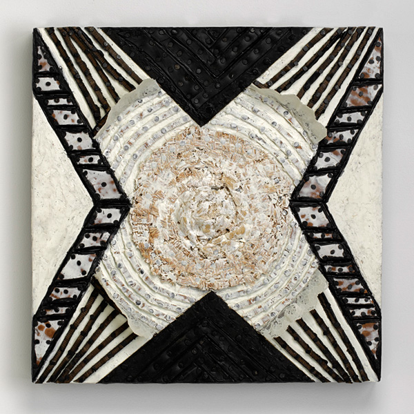 Stretch Paintings: Dimensional Cardboard, carpet, rubber, found lace with tacks and encaustic on panel