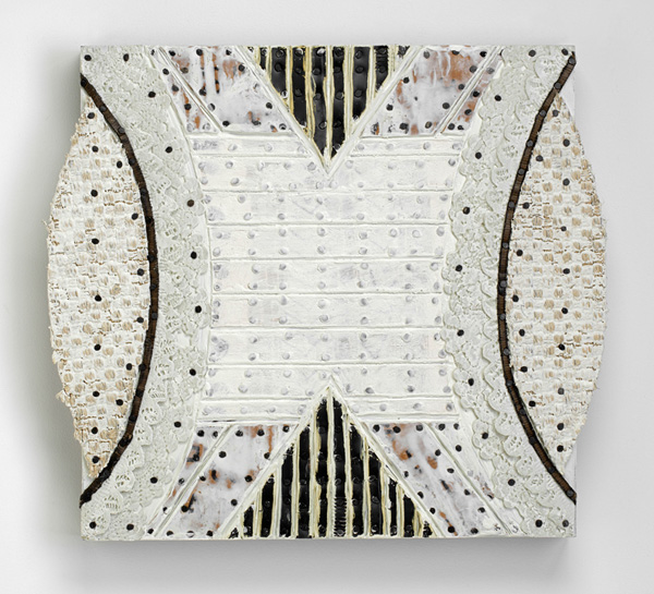 White Armor/Undies Paintings: Dimensional Cardboard, matboard, found lace, rubber, carpet, encaustic with tacks and encaustic on panel