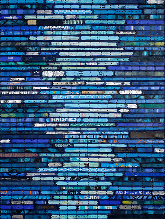 Shimmer Paintings: Running Stitch Series Found and invented elements with encaustic and tacks on panel