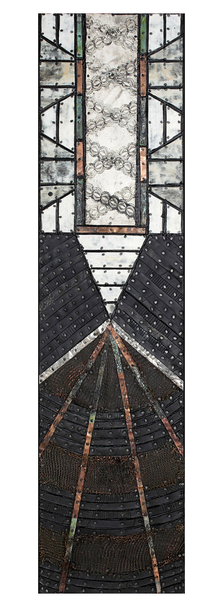 Anne's Lacy Partlett Paintings: Dimensional Tarpaper, repurposed rubber, treated metal, found lace, tacks and encaustic on panel