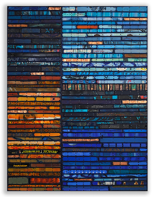 Nuthin' Like The Blues I Paintings: Running Stitch Series Found and invented elements with encaustic and tacks on panel