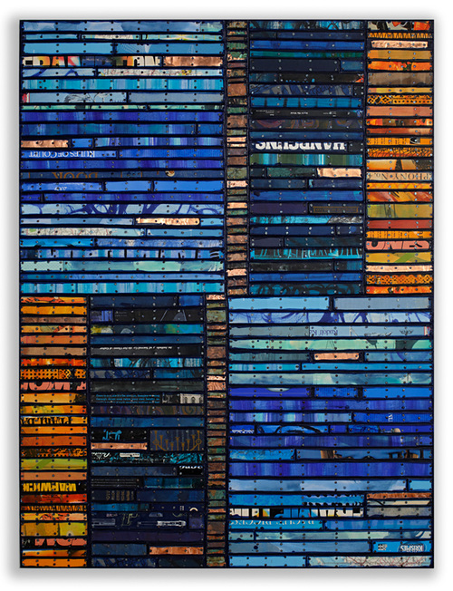 Nuthin' Like The Blues II Paintings: Running Stitch Series Found and invented elements with encaustic and tacks on panel