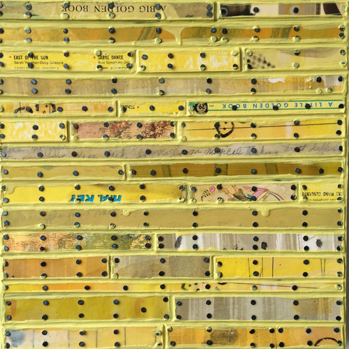 East of the Sun Paintings: Running Stitch Series Painted paper and cardboard, book parts, record album parts, patinated metal, tacks, encaustic on birch panel
