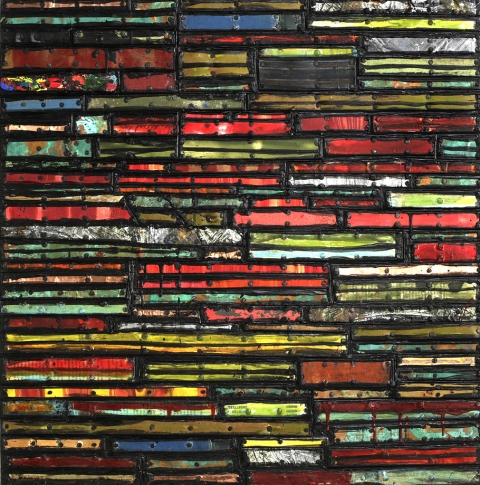 Divided Stripes Paintings: Running Stitch Series Found and invented elements with tacks and encaustic on birch panel.