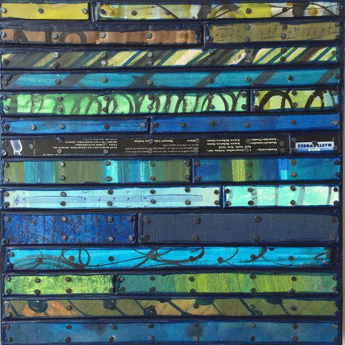 September Blue Paintings: Running Stitch Series Painted paper and cardboard, book parts, record album parts, patinated metal, tacks, encaustic on birch panel