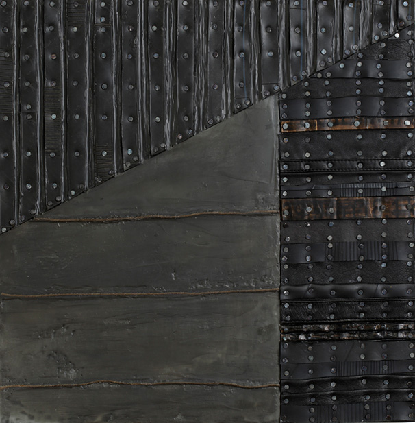 Unveiled Paintings: Dimensional Encaustic, rubber, cardboard, jute, tacks, repurposed leather from handbags