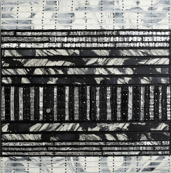 Barred Paintings: Dimensional Matboard, ink, encaustic, treated aluminum, repurposed leather from handbags, tacks, on panel