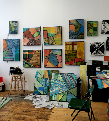 Wall of work in the studio Paintings: Syncopated Series