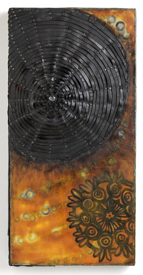 Black Sun Constructions Encaustic with recycled rubber, washers, paint skin, oilstick, patinated copper on panel