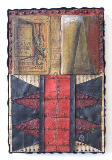 Reconstructed Books: Boys of Liberty Constructions Book parts, recycled rubber, tacks, oilstick, oil paint with encaustic on birch panel