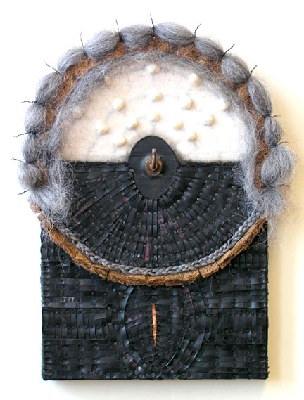 Digging Deep: Crown of Glory Constructions Recycled rubber, tacks, copper, fiber, synthetic hair, recycled nipple, wire, with encaustic paint on two joined panels