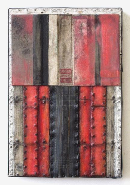 Reconstructed Books: Dancers in Mourning Constructions Encaustic with book parts, recycled rubber, tacks, oilstick, oil paint on birch panel