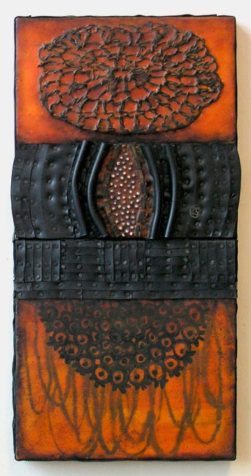 Once Upon a Time Constructions Encaustic with recycled rubber, tacks, beads, crocheted doily and paint skin on two joined birch panels