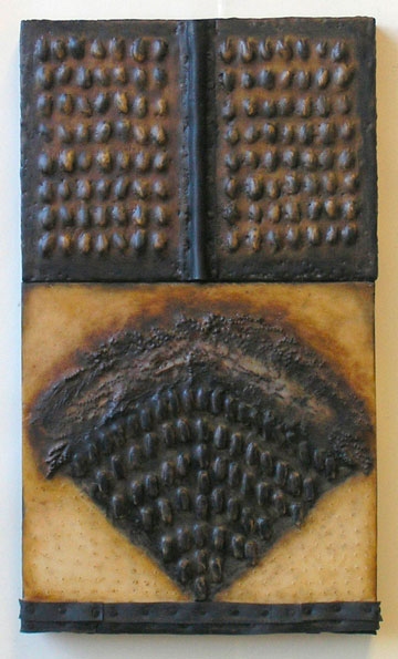 Iconic Book: Phantom Memory Constructions Encaustic with shells, rubber, fiber, oilpaint on two joined birch panels