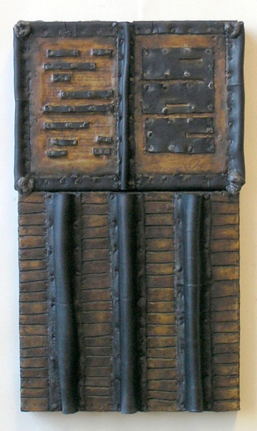 Iconic Books: Redacted (SOLD) Constructions Encaustic with recycled rubber, tacks, fiber, oilstick, oil paint on two joined panels