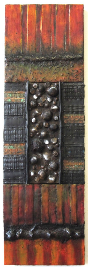 Another Subliminal Stretch Constructions Encaustic with recycled rubber, patinated metal, tacks, hidden objects, plant parts, dirt, oil stick, oil paint on three joned panels