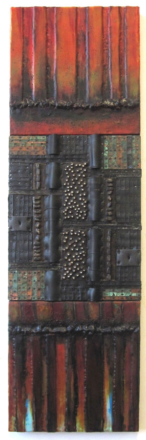 Stretching Subliminal Thinking Constructions Encaustic with recycled rubber, patinated metal, tacks, hidden objects, plant parts, dirt, oil stick, oil paint on three joned panels