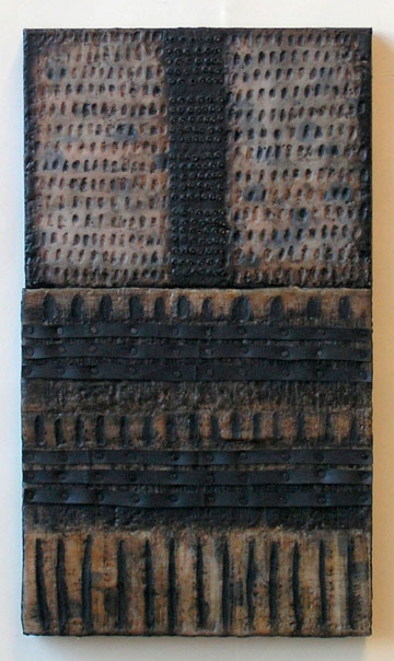 Iconic Book: Tale of Shadows (SOLD) Constructions Encaustic with recycled rubber, tacks, oilstick, oilpaint on two joined birch panels
