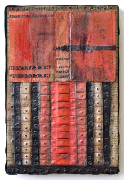 Reconstructed Books: The Clue of the Eyelash Constructions Book parts, recycled rubber, tacks, encaustic, oilstick, oilpaint on birch panel