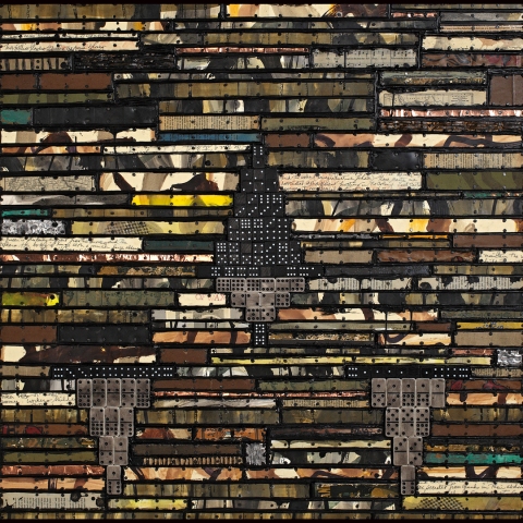 Dark Companion Paintings: Running Stitch Series Found and invented elements with tacks and encaustic on birch panel.