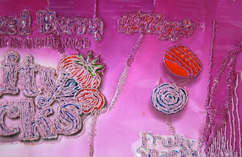 Nicola Ginzel THREAD Monochromatic Fragments embroidery with thread on plastic wrapper Nicola Ginzel THREAD Monochromatic Fragments embroidery with thread on plastic wrapper