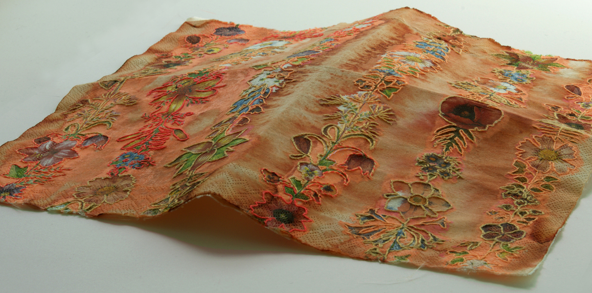 Fluorescent Fragment: Vertebrae FLower Napkin Nicola Ginzel THREAD Fluorescent Fragments - 2014 - continued Hand embroidered with thread on commercially printed paper napkin, ink, Gel Roller Pen