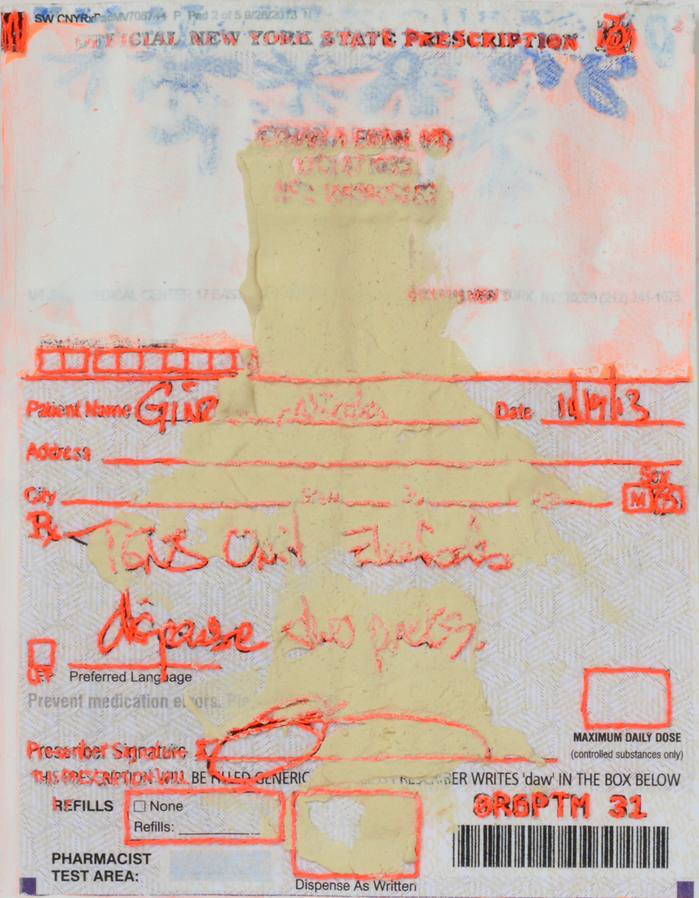 Fluorescent Fragment - Presrciption Nicola Ginzel THREAD Fluorescent Fragments - 2014 - continued hand embroidered with thread on prescription, ink, iron on, wood filler