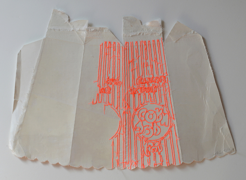 Fluorescent Fragment: Upside Down and Unrolled - Pop Corn Nicola Ginzel THREAD Fluorescent Fragments - 2014 - continued thread, fabric for reenforcement, pop corn box