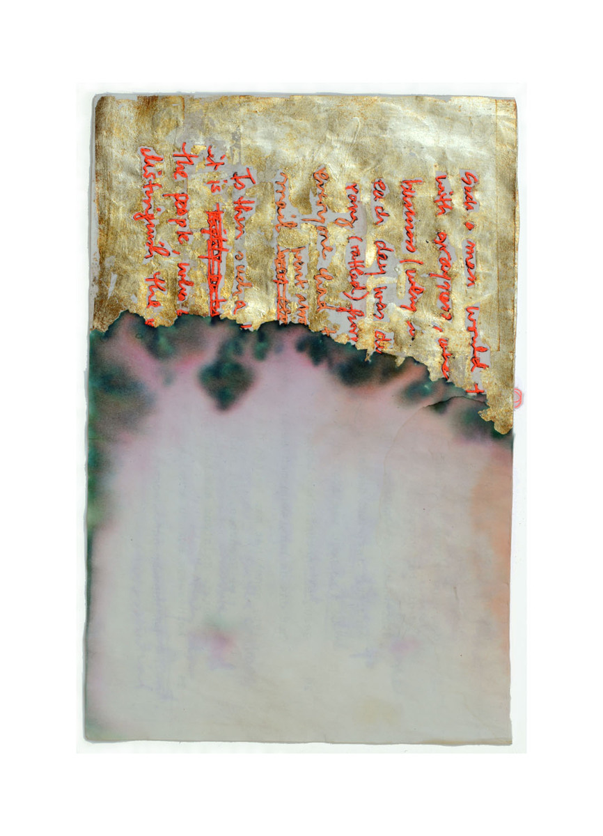 Fluorescent Fragment: German Translation No.1 Nicola Ginzel THREAD Fluorescent Fragments - 2014 - continued notebook paper scrap, thread, 22K Gold Leaf