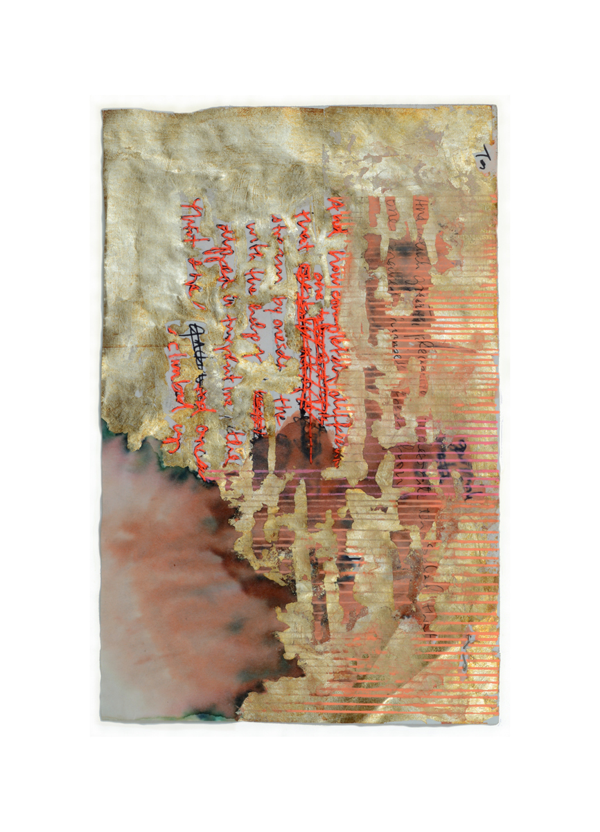 Fluorescent Fragment: German Translation No.2 Nicola Ginzel THREAD Fluorescent Fragments - 2014 - continued notebook paper scrap, thread, 22K Gold Leaf, ink, Gel Roller Ink