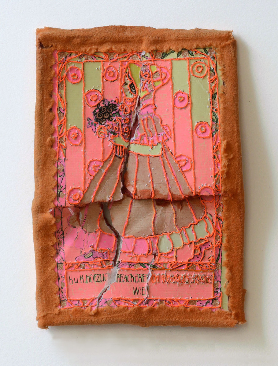 Fluorescent Fragment: WienrHfzckr—"Braves Mädchen" Nicola Ginzel THREAD Fluorescent Fragments - 2014 - continued hand embroidered box lid, thread, fabric remnant, ink, Gel Roller Ink