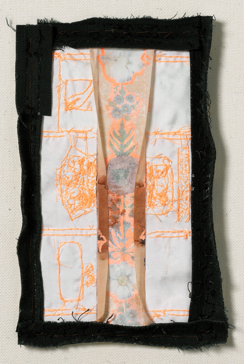 DETAIL - Composite Backside: AndyBoy with Flowers Nicola Ginzel THREAD Fluorescent Fragments - 2014 - continued Label embroidered with thread by hand, ink, fabric, collaged with paper napkin and pleather, BEVA archival backing
