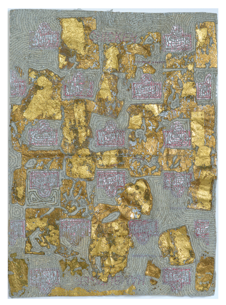 Gold Fragment: BgDmBrdg Nicola Ginzel Selected FLATWORK Installations Wendy's Chicken Wrapper, 23 K Gold, embroidered with metallic thread by hand, oil paint