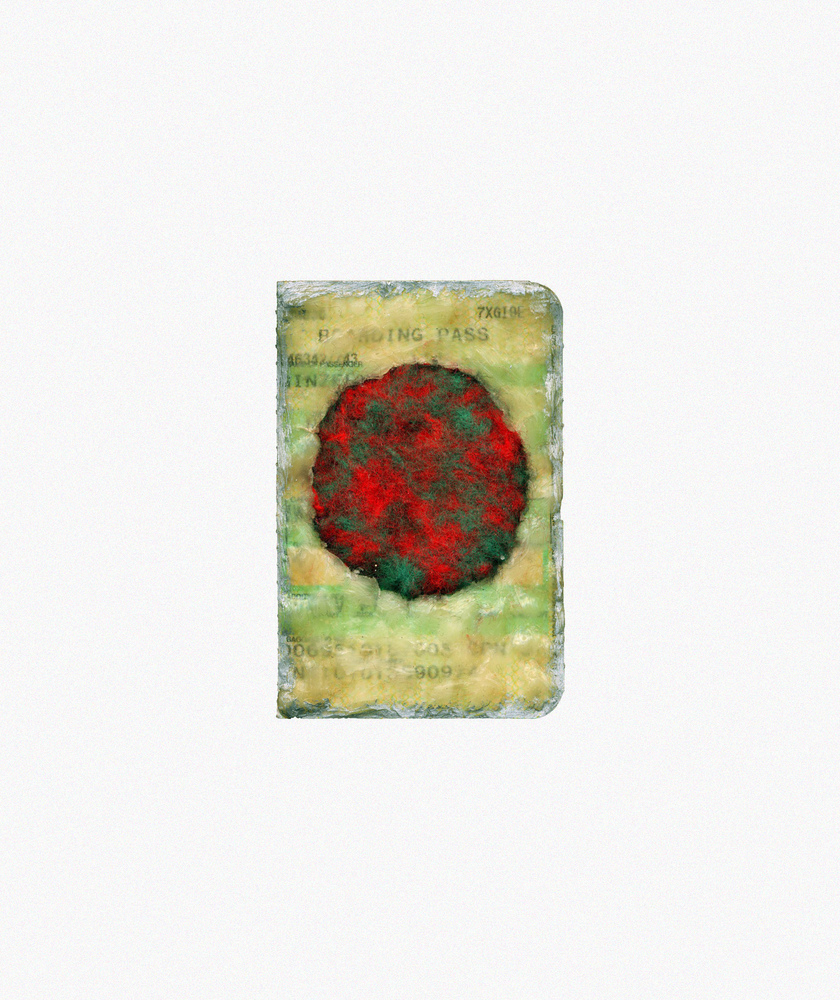 Circle Series: BrdngPs Nicola Ginzel Archive/ Selected Transformed Objects boarding pass ticket stub, wax, felt, thread, oil pastel