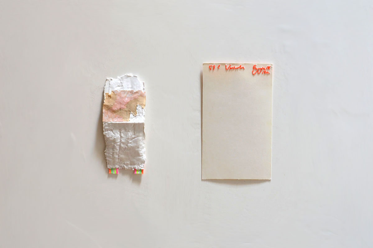 Fluorescent Dyptic: Underlying Structure—Julius Nicola Ginzel Archive/ Selected Transformed Objects (plaster impression Element/embroidered index card Fragment) plaster, rubber band, index card, thread